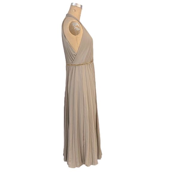 Halston Heritage Halter Pleated Wide Leg Jumpsuit Atmosphere Beige. - Picture 10 of 13